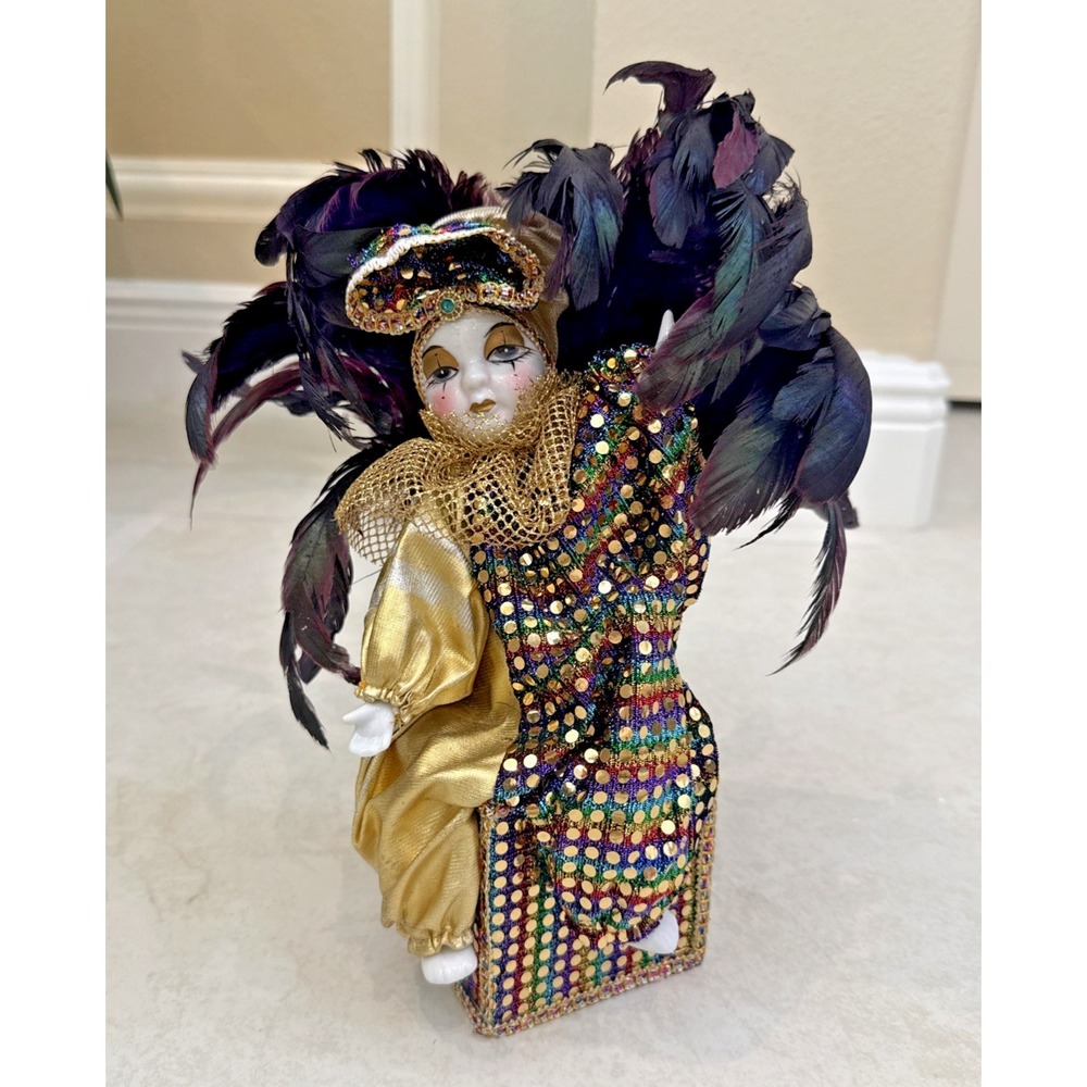 Vintage Porcelain Harlequin Jester Clown/Doll on A Animated Music Box